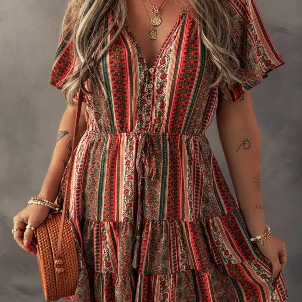 Bohemian Striped Red and Green Dress